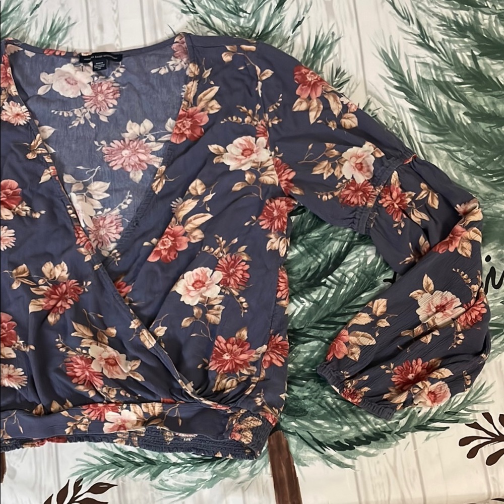 American Eagle Floral Wrap Top in Blue and Pink